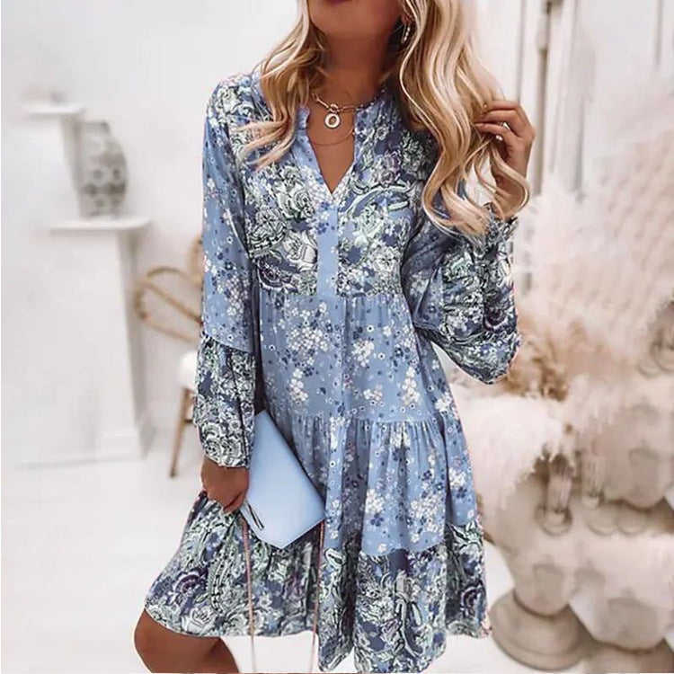 Blue Floral Printed Long Sleeve Dress