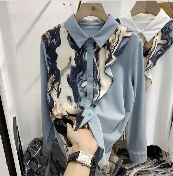 Abstract Print Ruffle Shirt