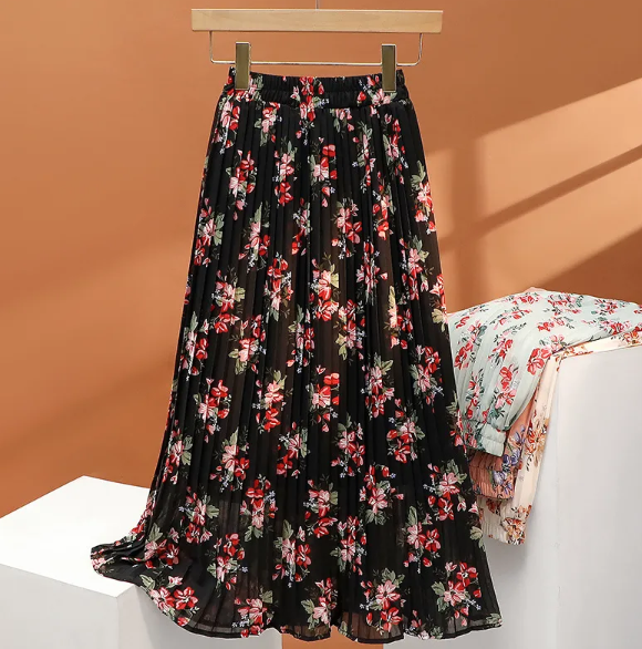 Black Floral Pleated Skirt