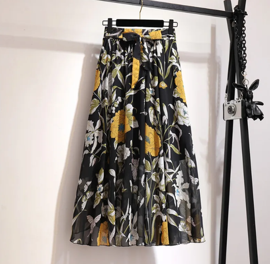 Black and Yellow Floral Printed Knee Length Skirt