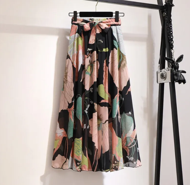 Black and Pink Floral Printed Knee Length Skirt