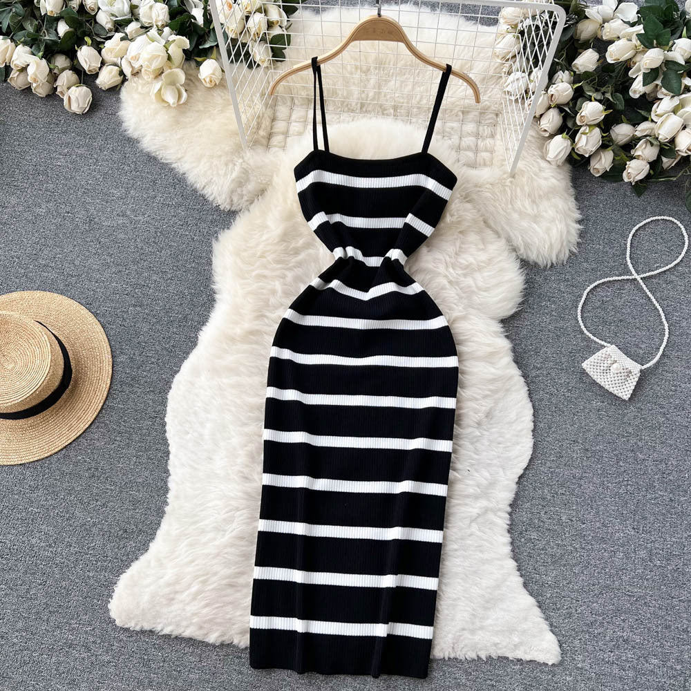 Black White Striped Dress and Sweater Set