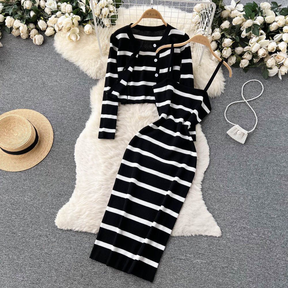 Black White Striped Dress and Sweater Set