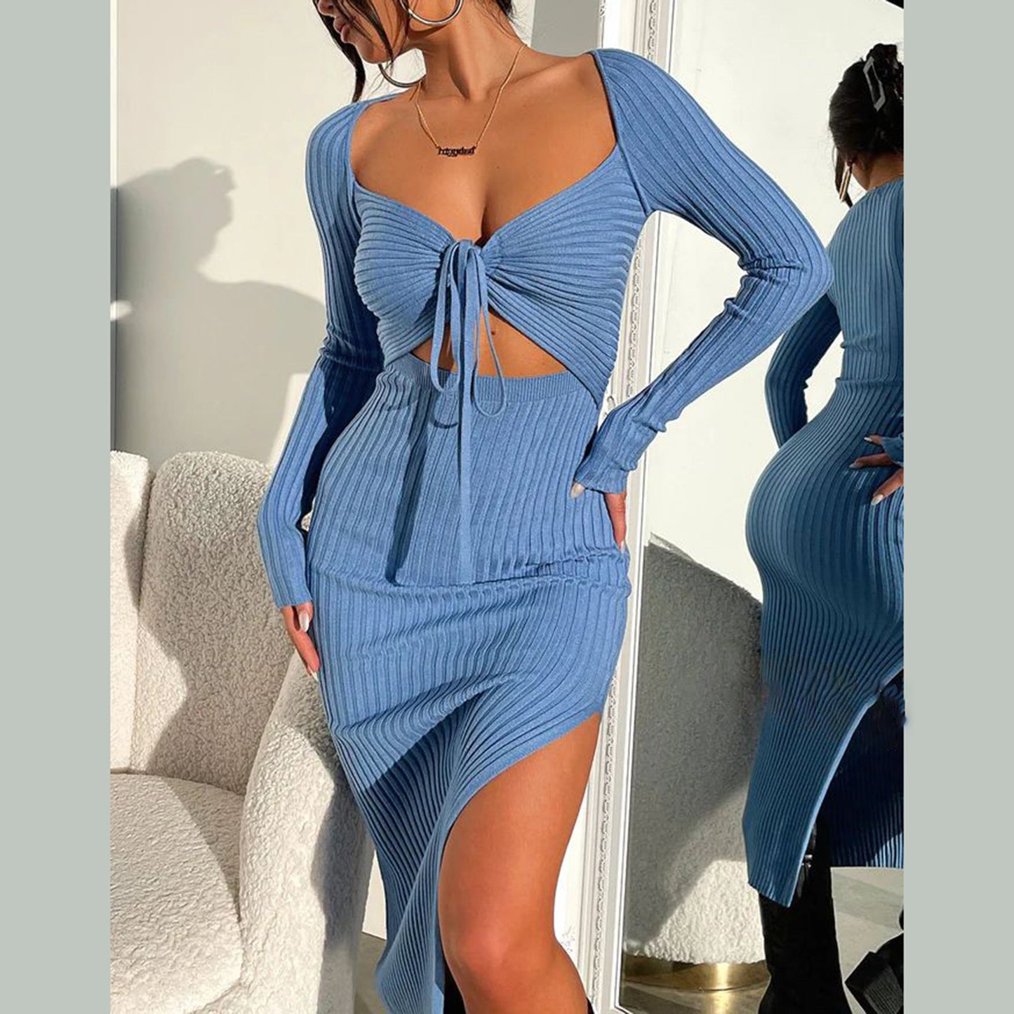 Long Sleeve Ribbed Cut-Out Dress