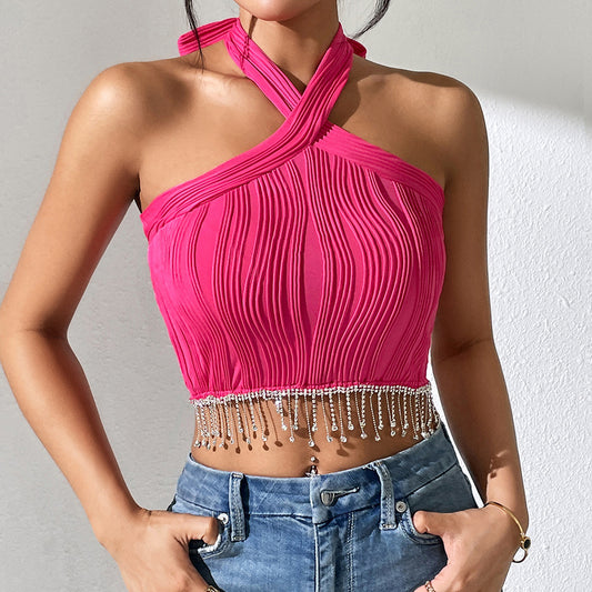 Fucshia Pink Halter Top With Rhinestone