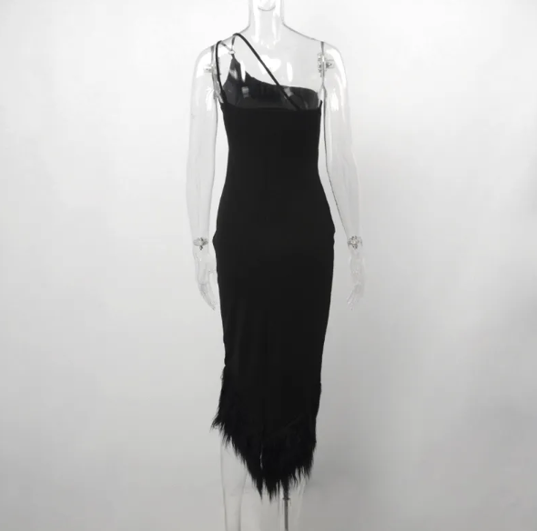 Sexy One Shoulder Black Fur Trimmed Bodycon Dress