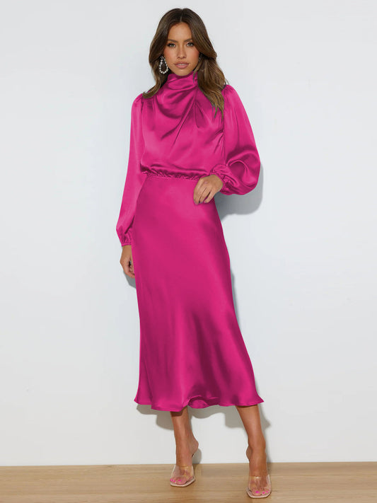 Long Sleeve Satin Midi  Dress