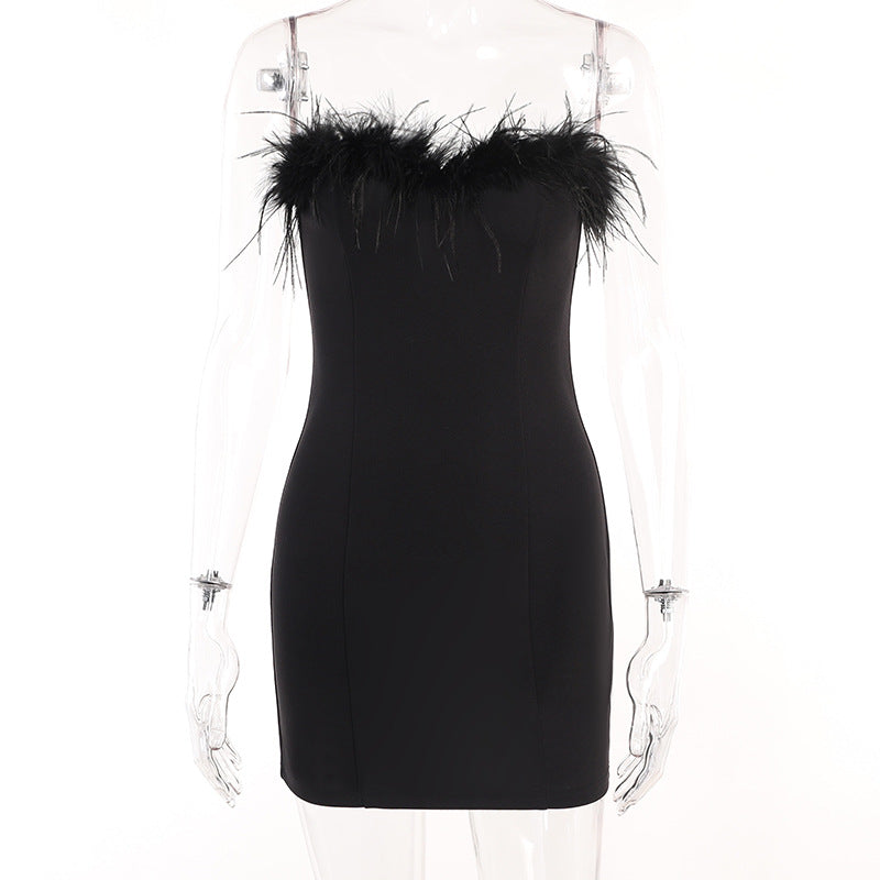 Feather Trim Strapless Bodycon Dress