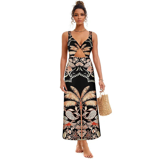 Retro Print Palm Print Cut-Out Cover-Up