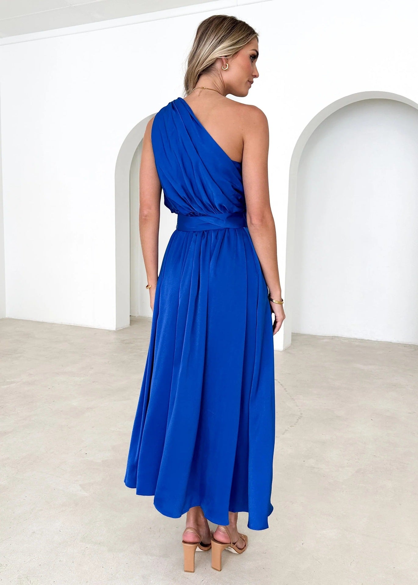 One Shoulder Belted Maxi Dress