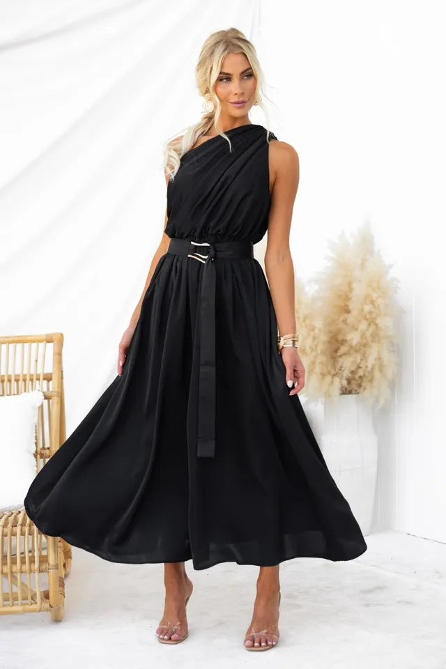 One Shoulder Belted Maxi Dress