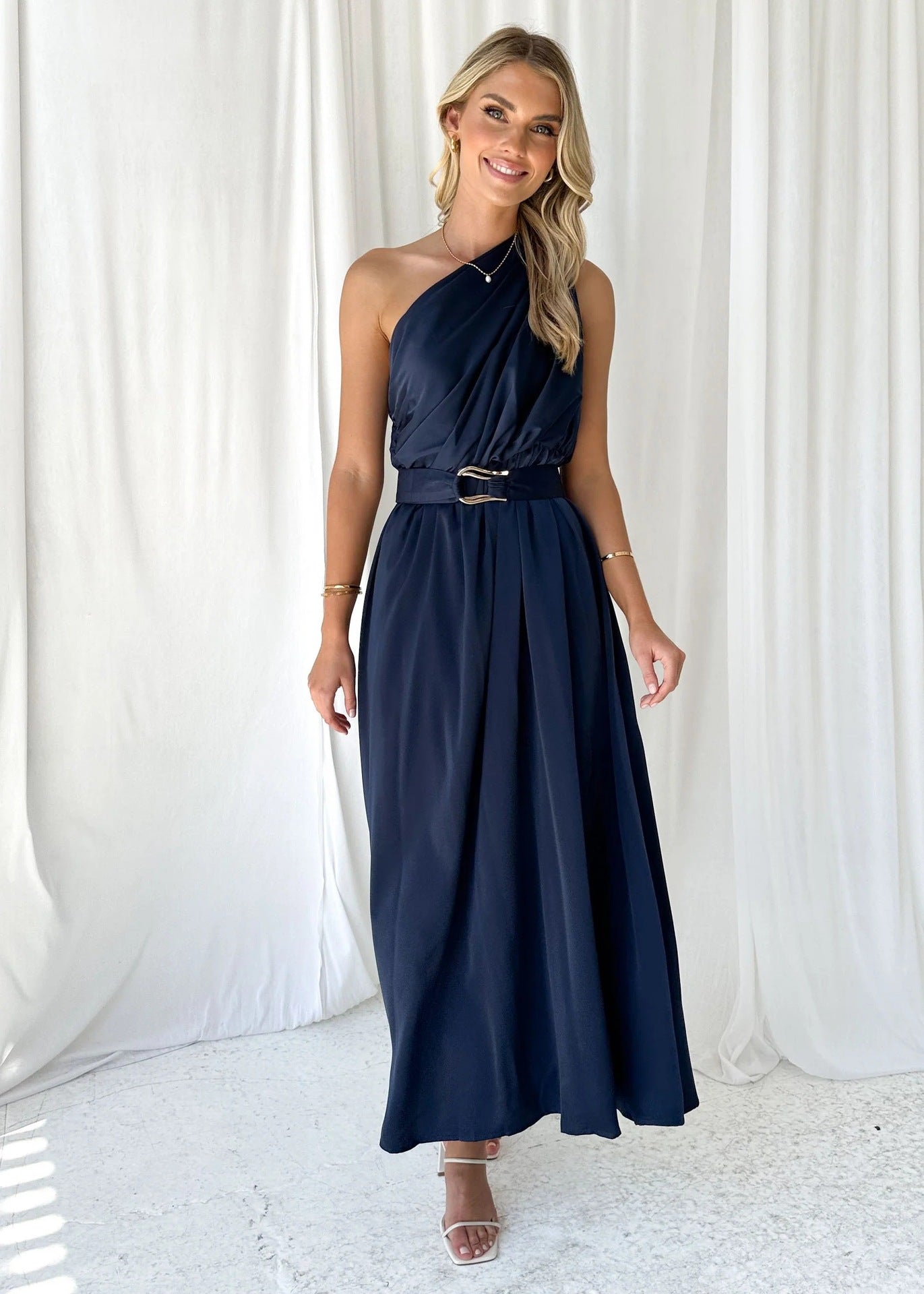 One Shoulder Belted Maxi Dress