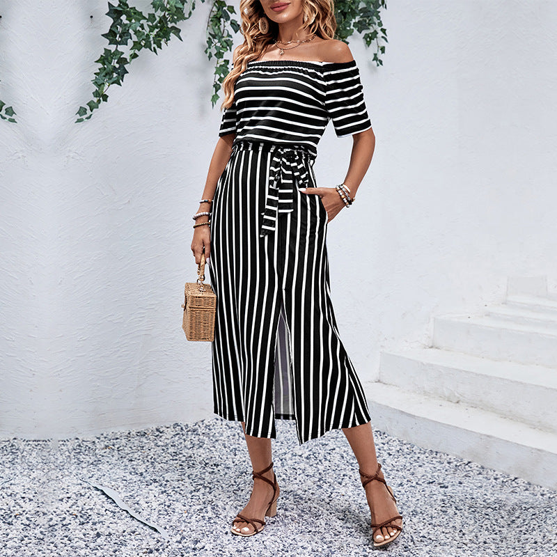 Black and White Striped Off Shoulder Dress