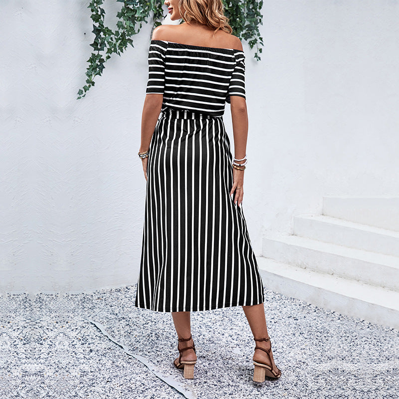 Black and White Striped Off Shoulder Dress