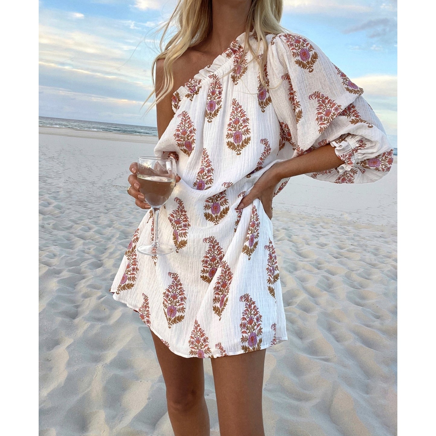 Paisley Print White One Shoulder Dress