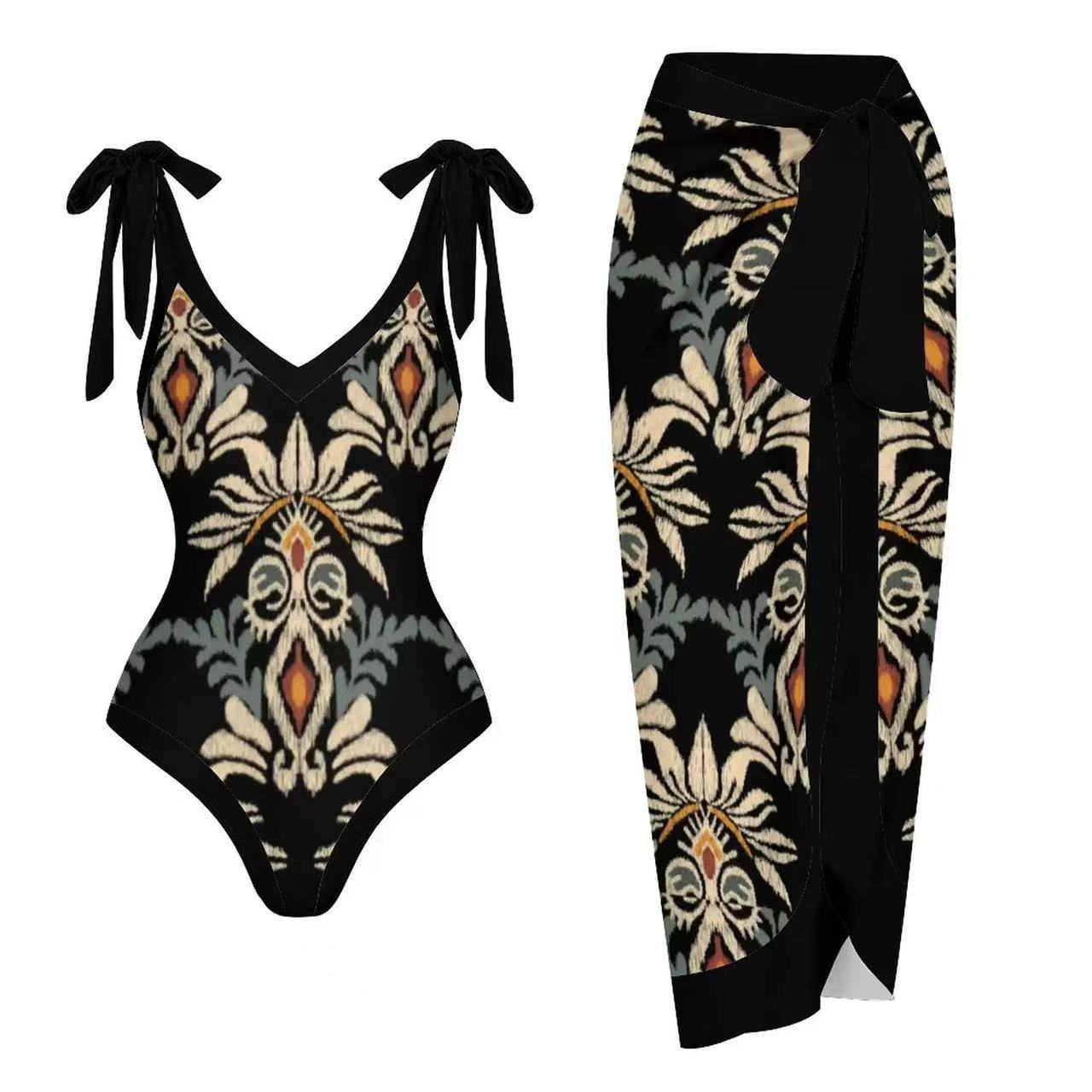 Black Printed Tie-Up Swimsuit with Cover-Up