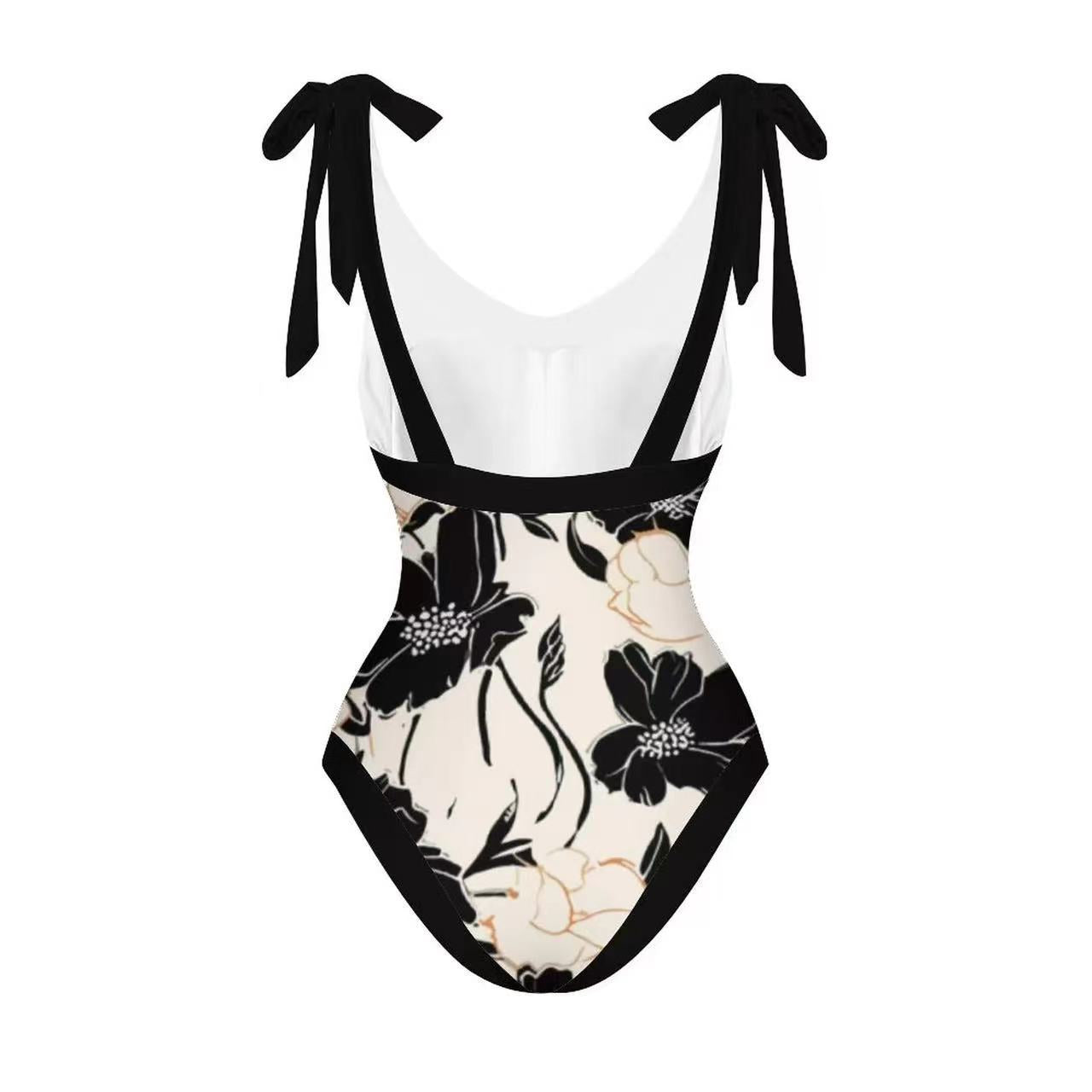 Black and White Floral Print Swimsuit with Cover-Up