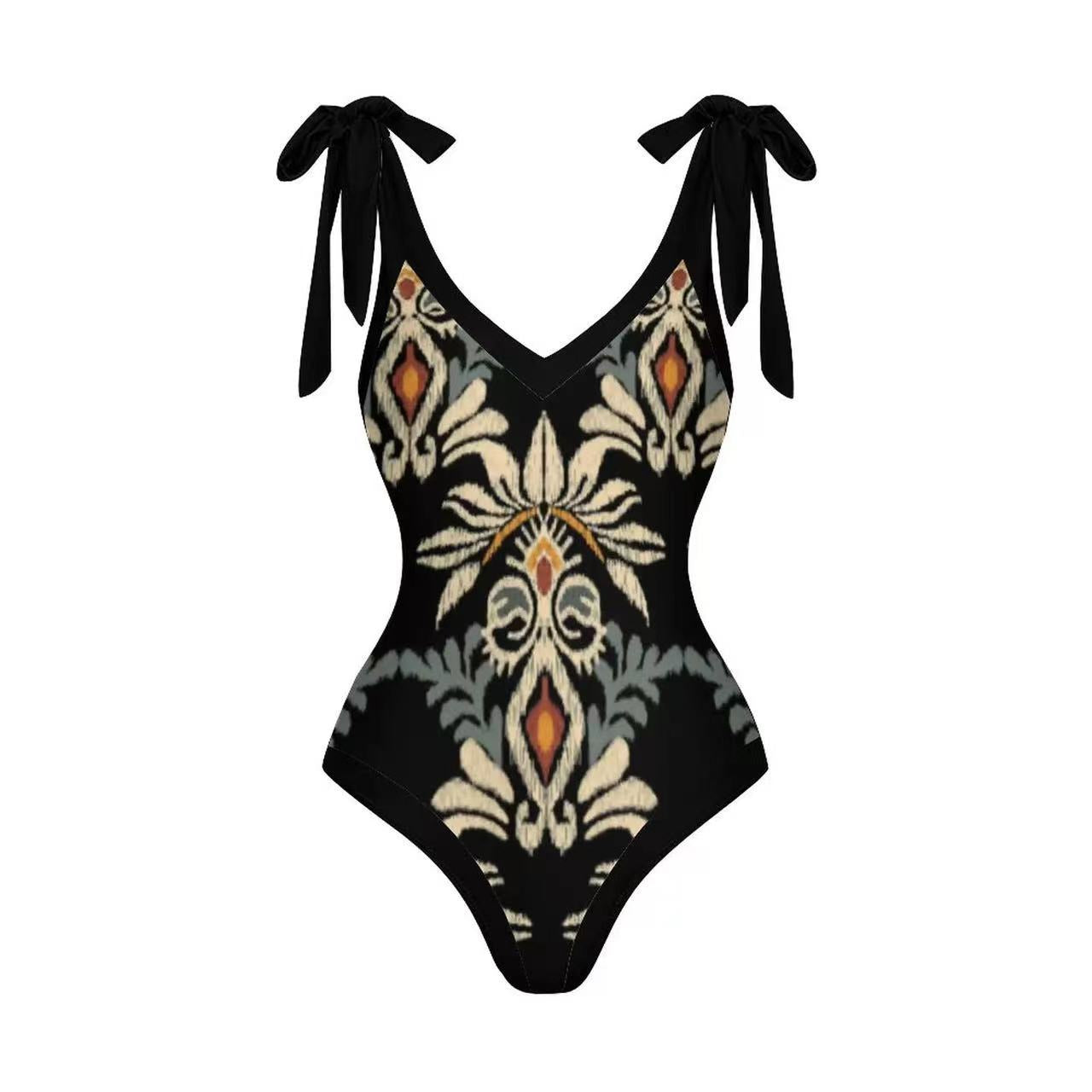 Black Printed Tie-Up Swimsuit with Cover-Up