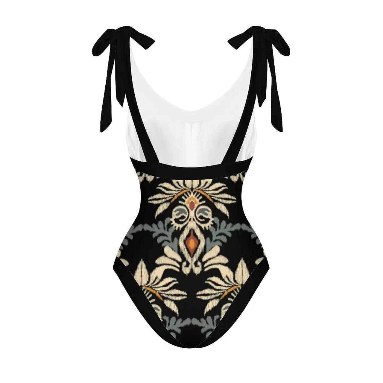 Black Printed Tie-Up Swimsuit with Cover-Up