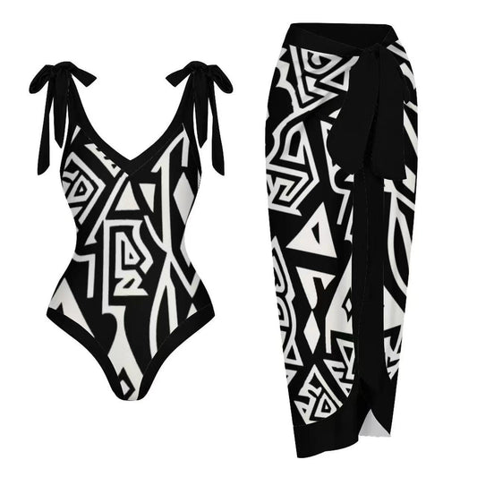 Black and White Geometric Print Swimsuit with Cover-Up