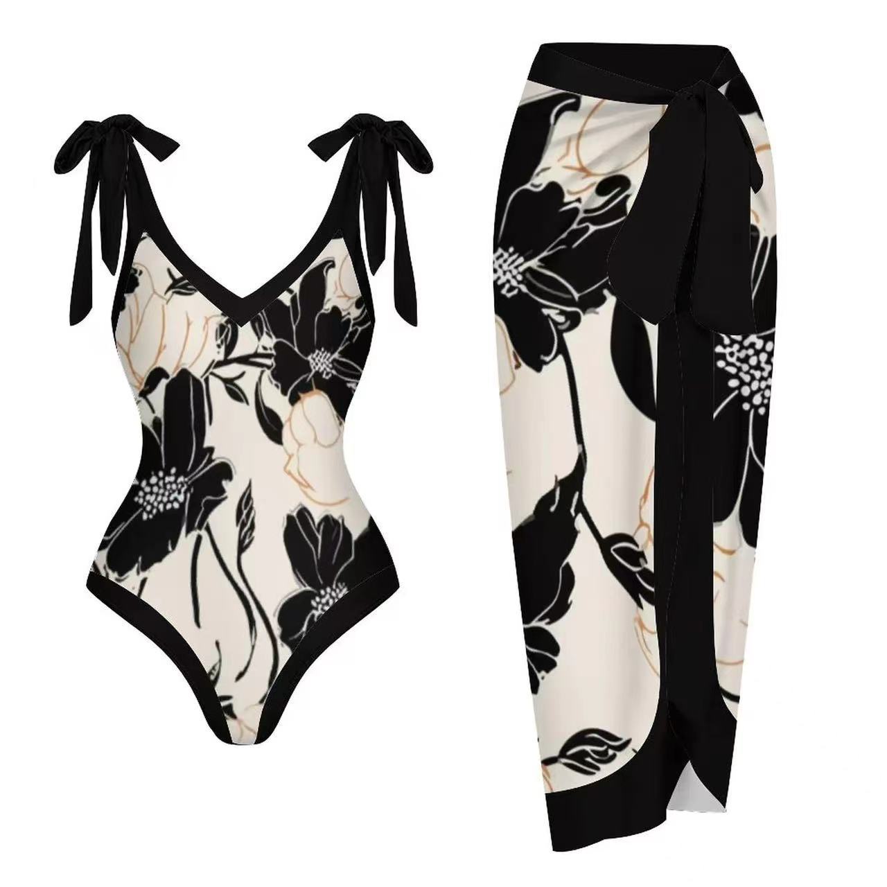 Black and White Floral Print Swimsuit with Cover-Up