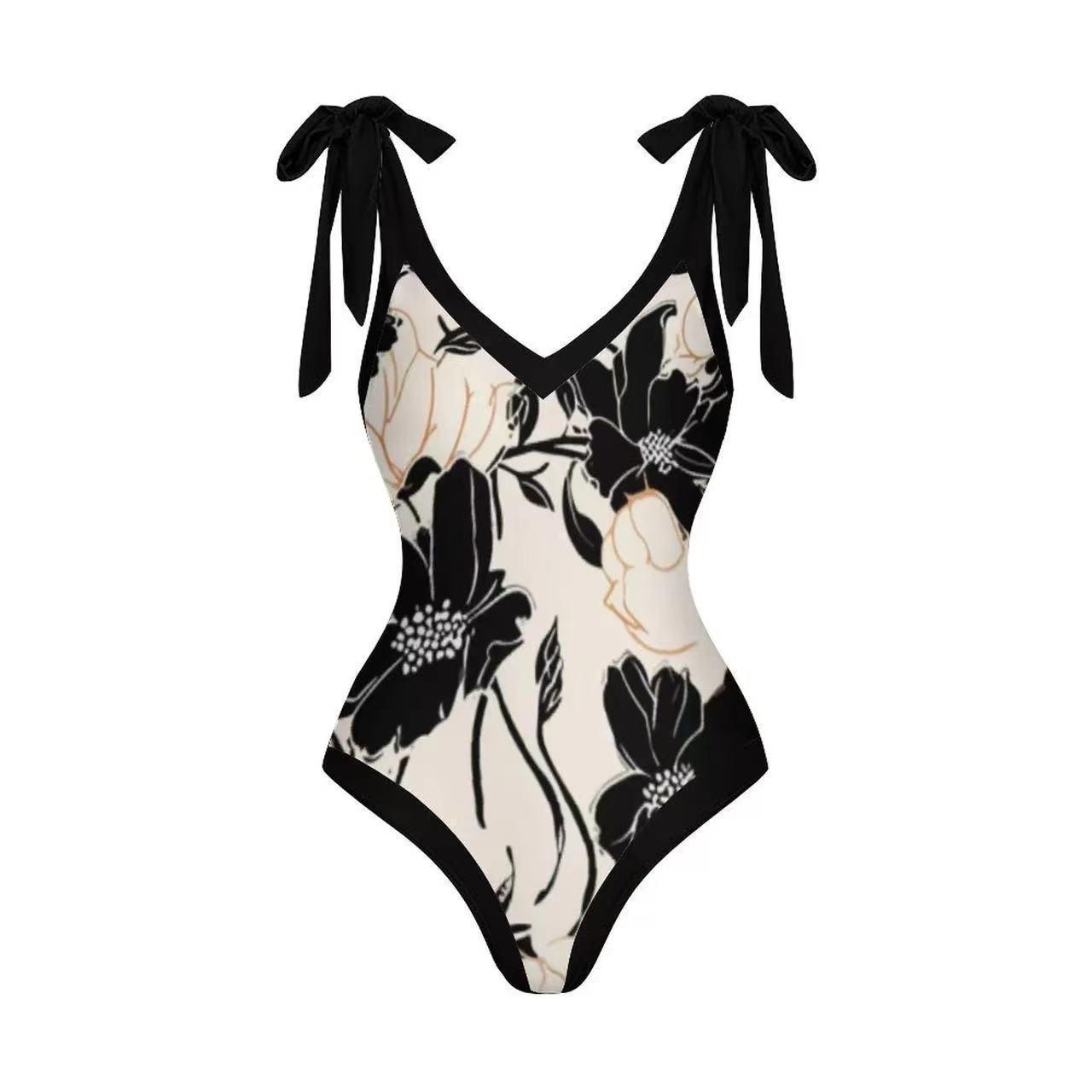 Black and White Floral Print Swimsuit with Cover-Up