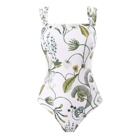 Green and White Fern Printed Swimsuit