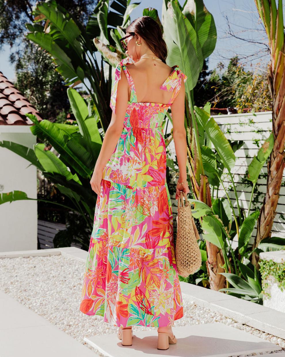 Tropical Printed Tie-Up Maxi Dress