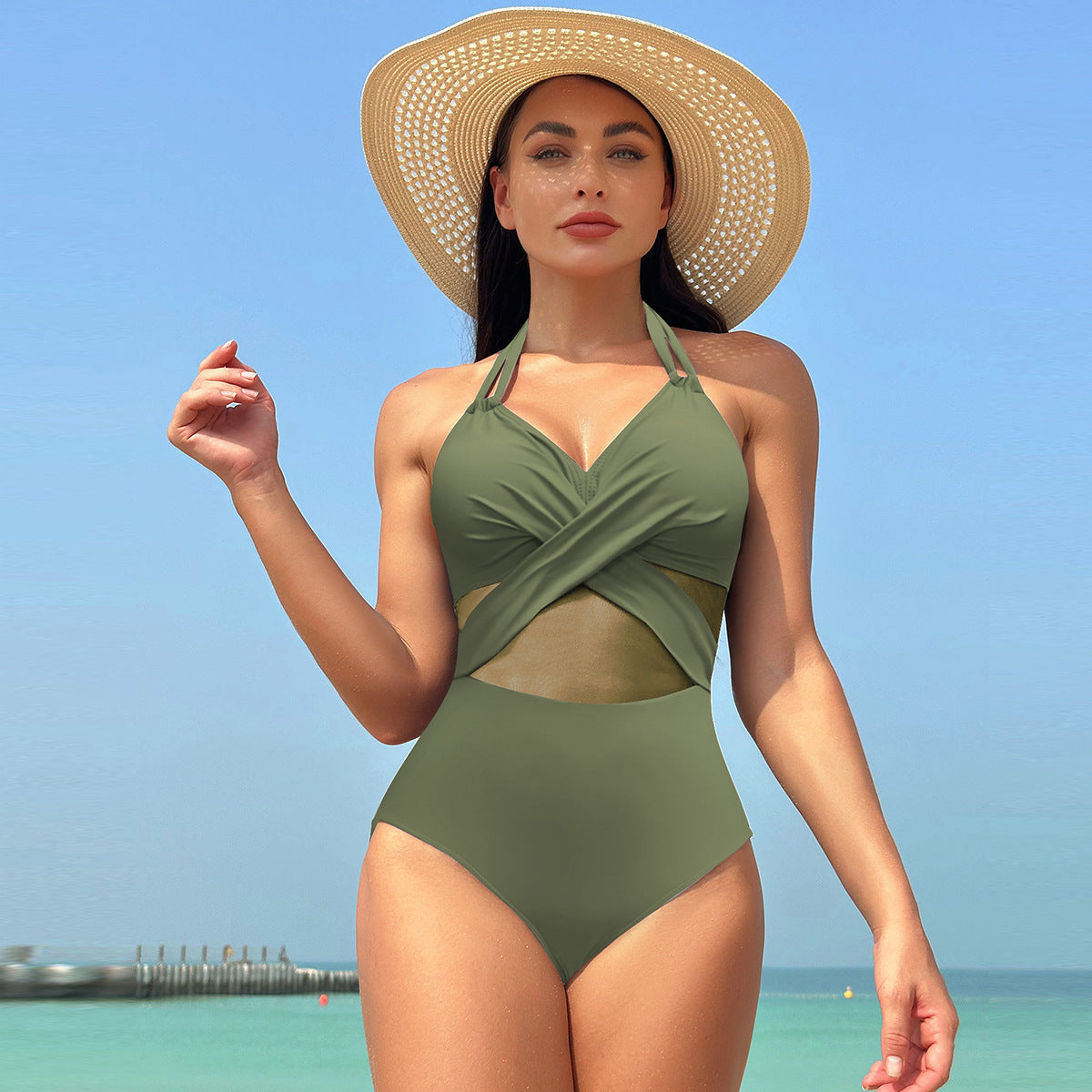 Halter Neck Mesh One Piece Swimsuit