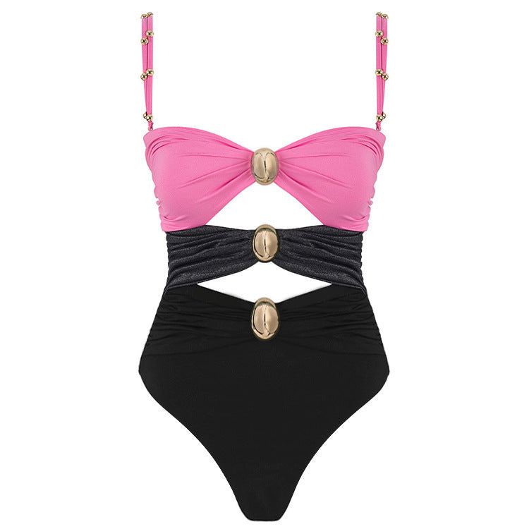 Studded Strap Colour Block Cut-Out Swimsuit