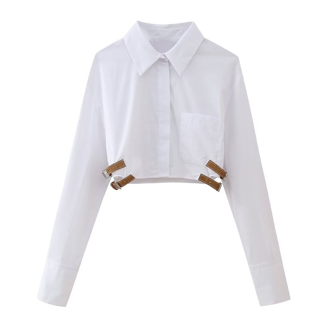 Cropped White Shirt with Buckles