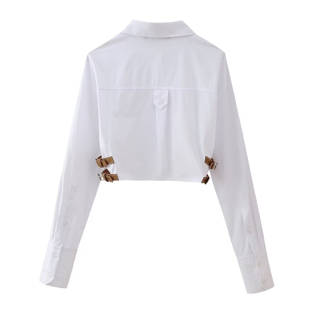 Cropped White Shirt with Buckles