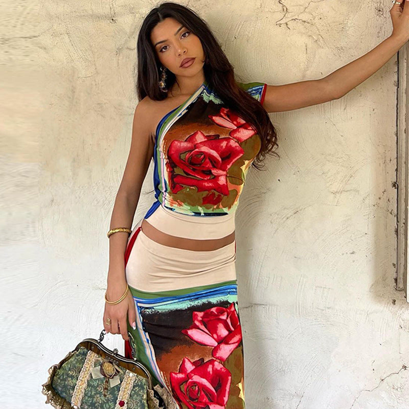 Rose Printed One Shoulder Crop Top and Skirt Set