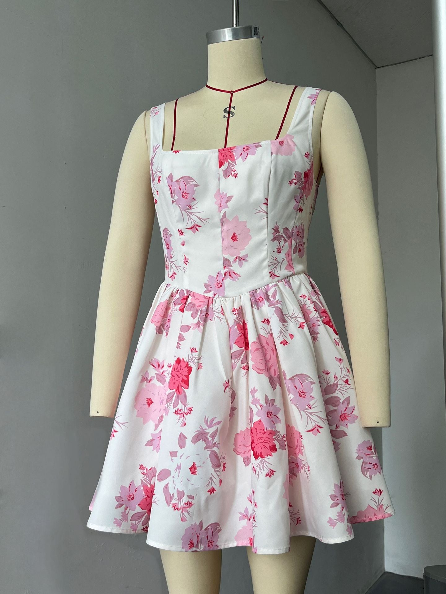 Pink and White Floral Flared Dress