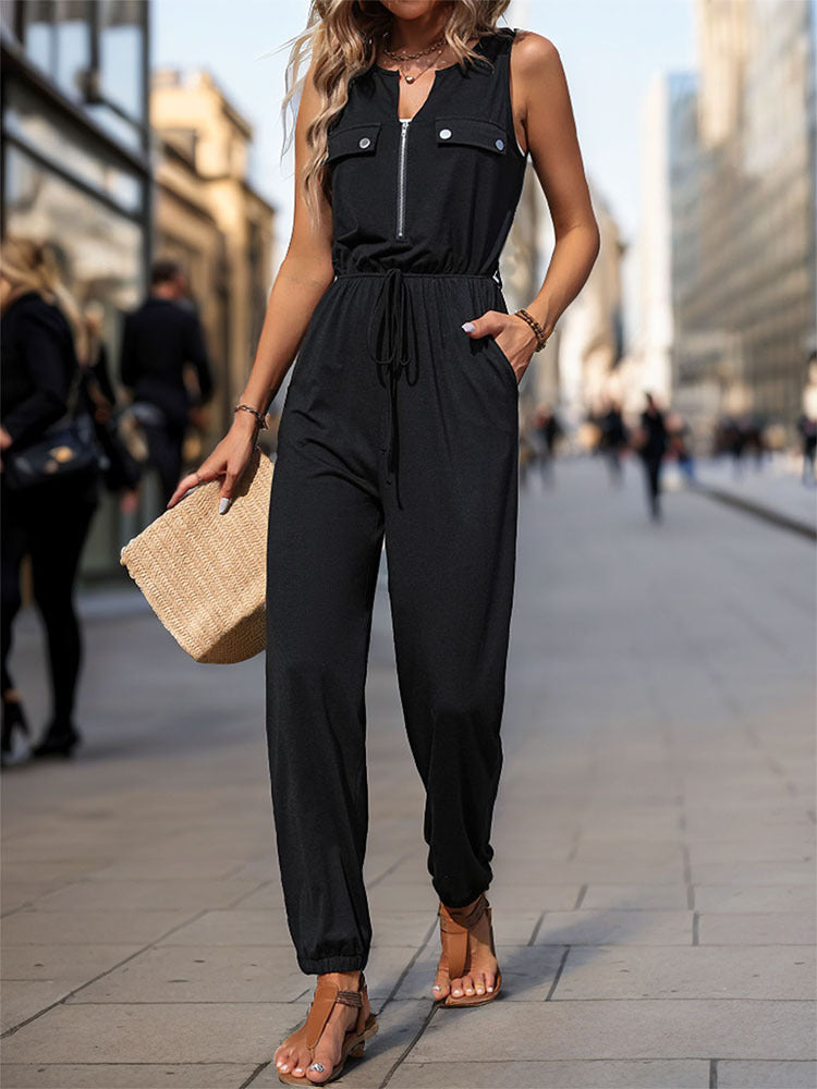 Zippered Black Sleeveless Jumpsuit