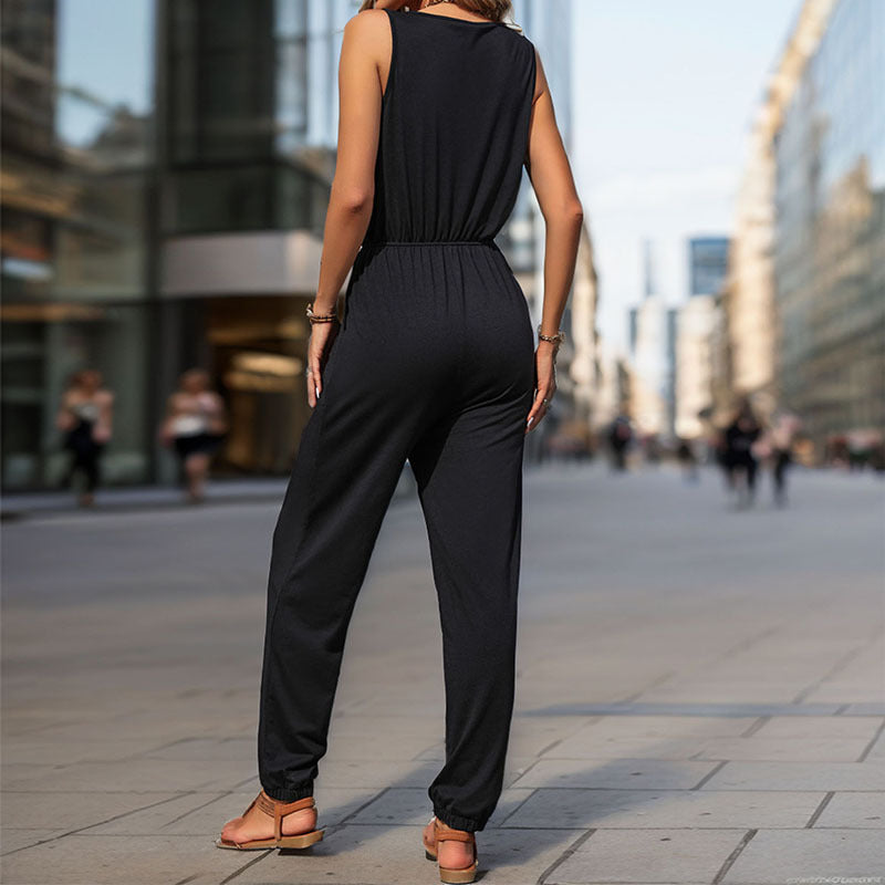 Zippered Black Sleeveless Jumpsuit