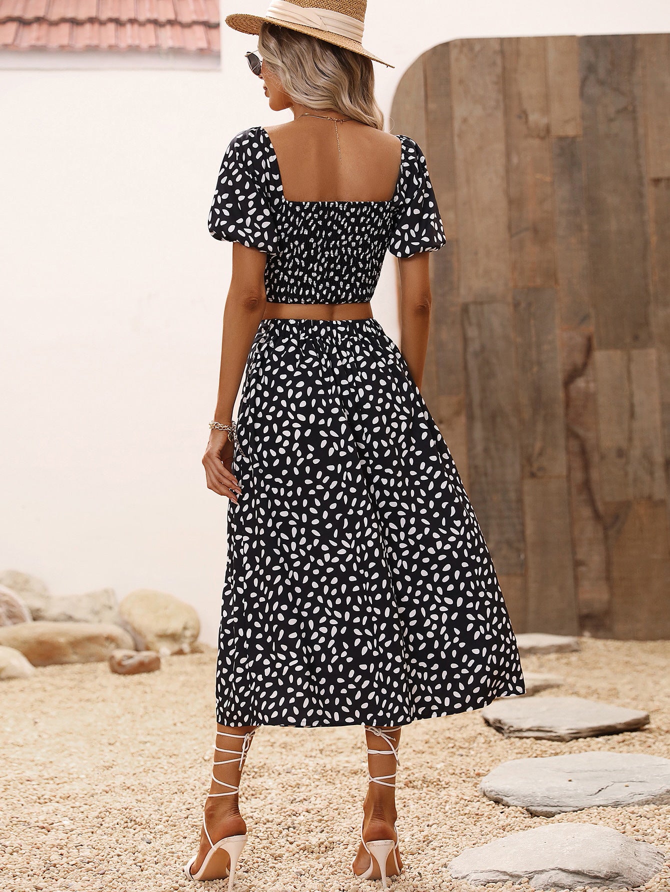 Black and White Printed Crop Top and Skirt Set