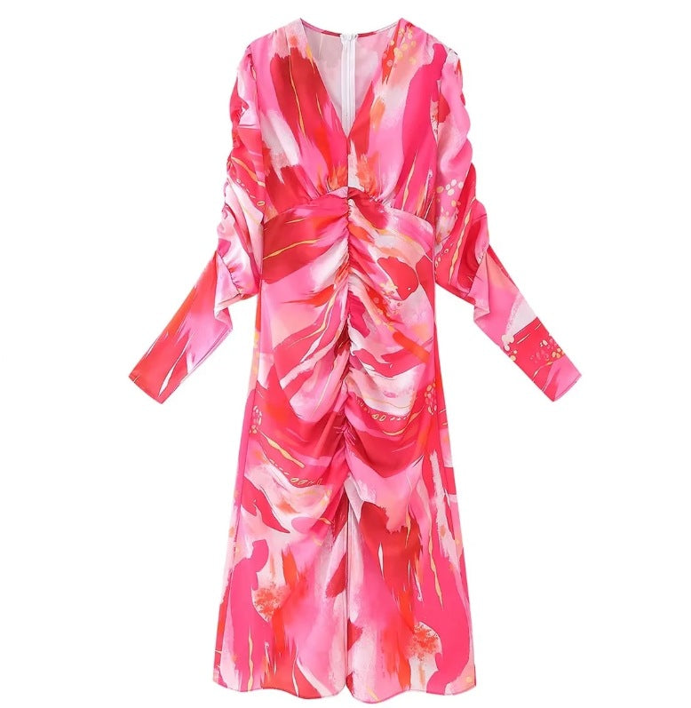 Pink Printed Ruched Dress