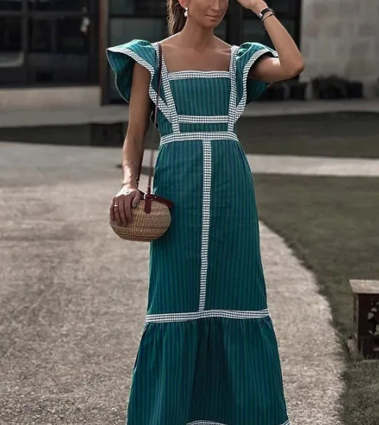 Contrast Green and White Trim Maxi Dress