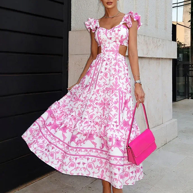 Pink and White Printed Cut-Out Maxi Dress