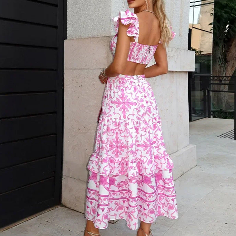 Pink and White Printed Cut-Out Maxi Dress