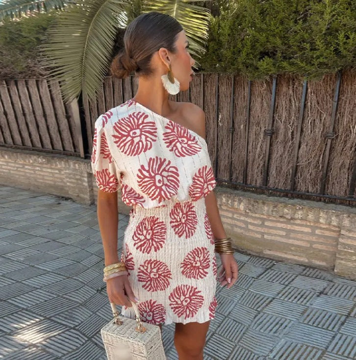 Red and White Floral One Shoulder Dress