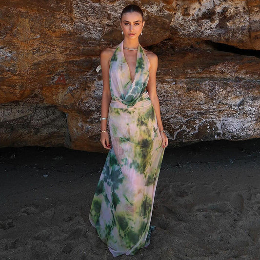 Abstract Print Sheer Backless Top and Skirt Set