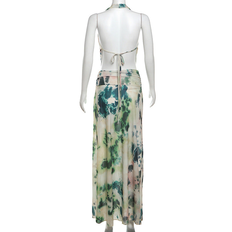 Abstract Print Sheer Backless Top and Skirt Set