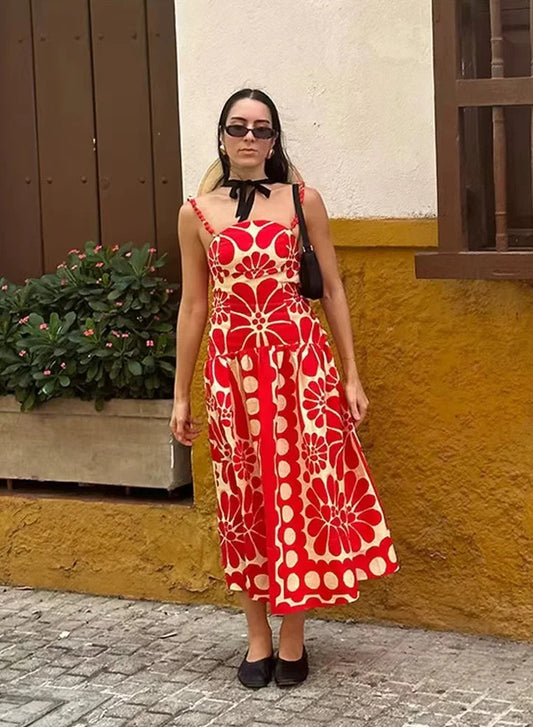 Red and White Printed Maxi Dress