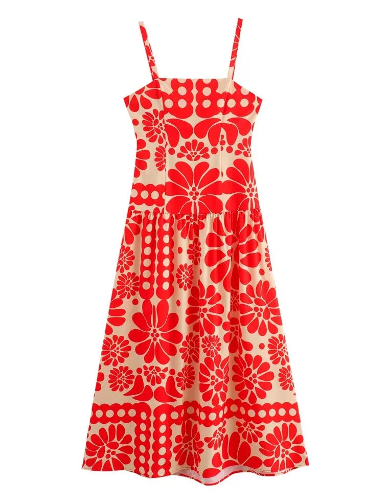 Red and White Printed Maxi Dress