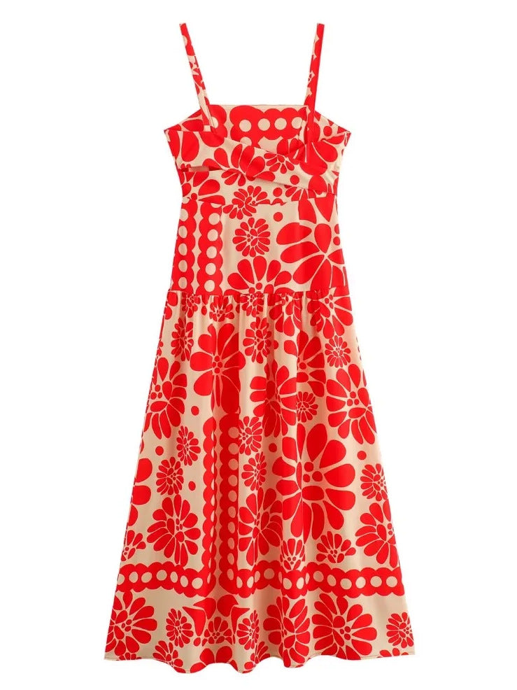 Red and White Printed Maxi Dress