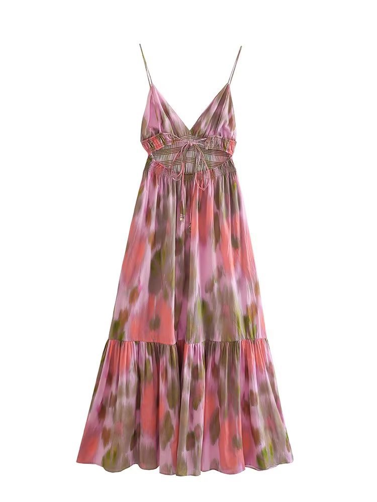 Pink and Green Abstract Print Maxi Dress