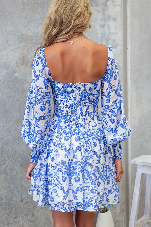 Blue and White Printed Flared Dress