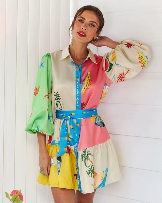 Tropical Print Belted Dress